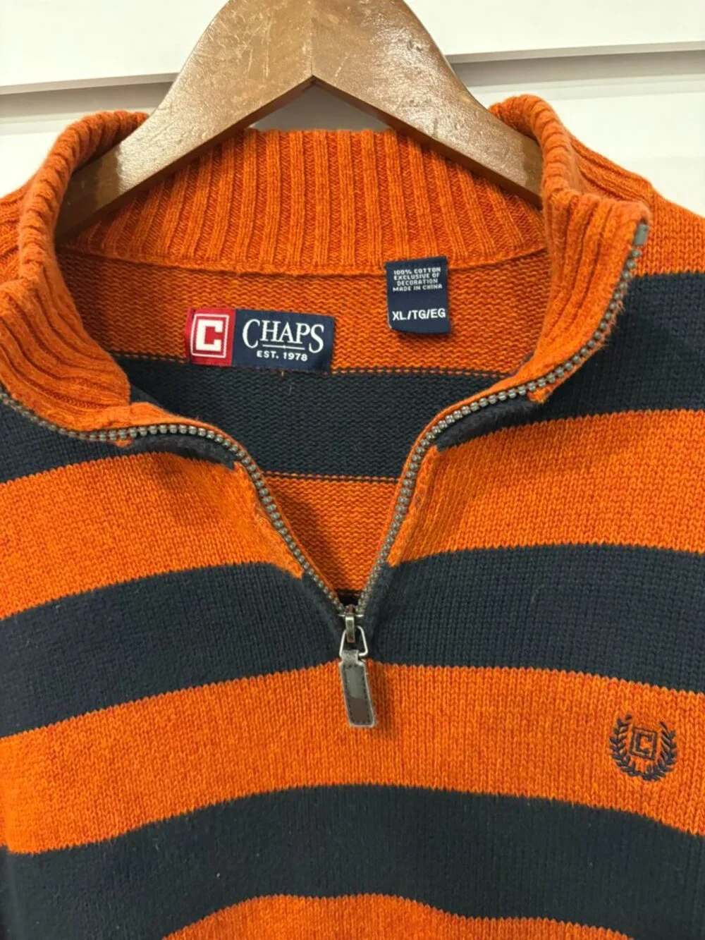 Chaps Men’s XL Quarter Zip Sweater Orange Navy Striped Cotton Preppy UVA